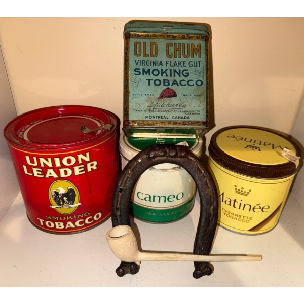 Horse Shoe, Pipe & Collection Of Vintage Tins