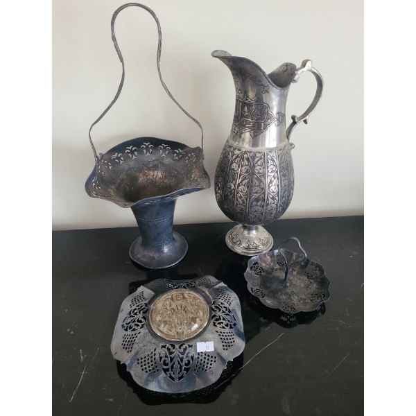 Assorted Metalware Including: Pitcher 14 T, Basket 15.5 T 