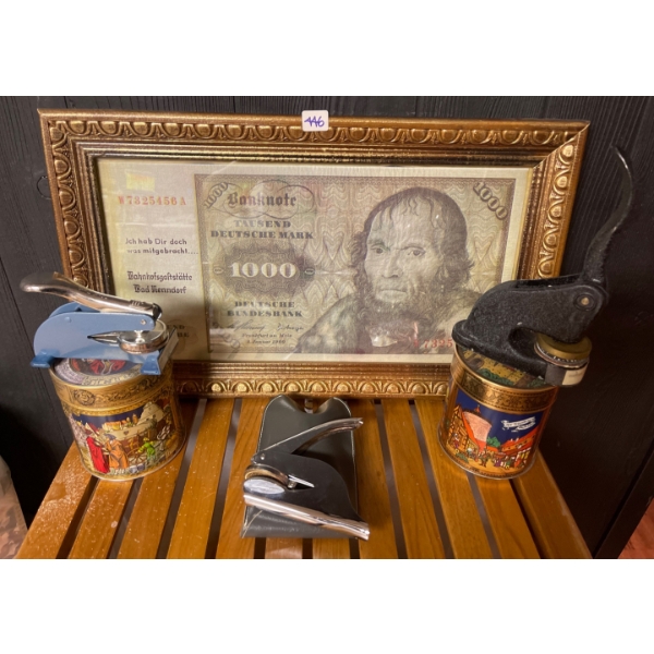 One Thousand Dollar Bill in Intricate Golf Frame w/ Vintage Collectable Tins & More