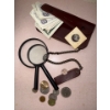 Image 1 : Vintage Genuine Leather Chain Wallet w/ Currency Contents & Magnifying Glasses 