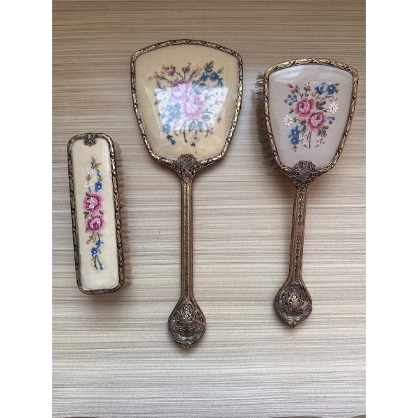 Vintage 3-Piece Vanity Set with Hand Mirror, Hairbrush, and Clothes Brush