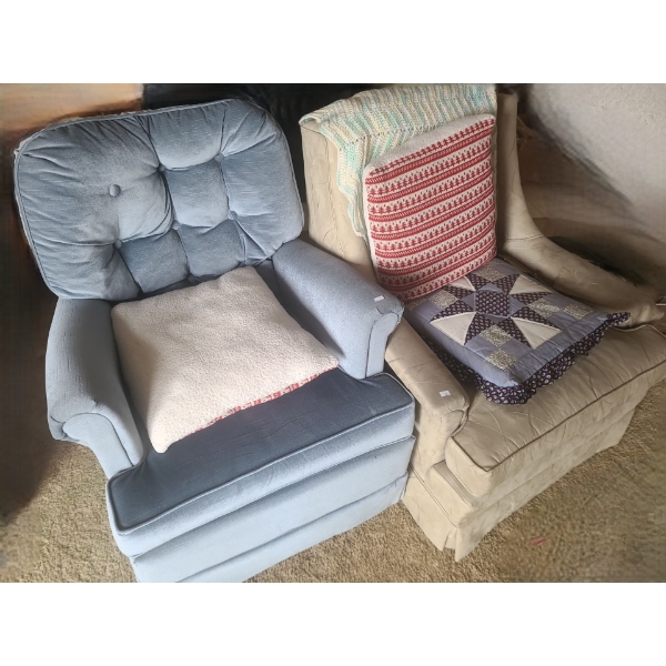Pair of Chairs- Blue Rocking 29 W, 27 D, 31 T and Beige Microfibre 31 W, 30 D, 33 T 