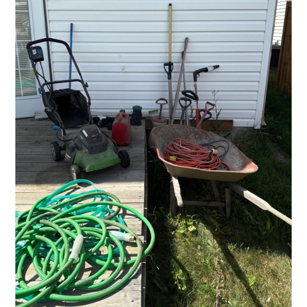 Yard & Garden Collection - Electric Lawn Mower Wheel Barrow Assorted Garden Tools