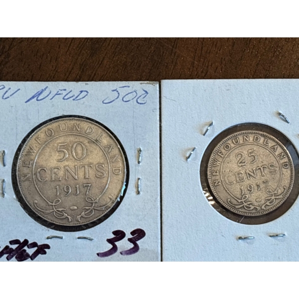 1917 Canadian Newfoundland 50 cent silver piece & 25 cent silver 