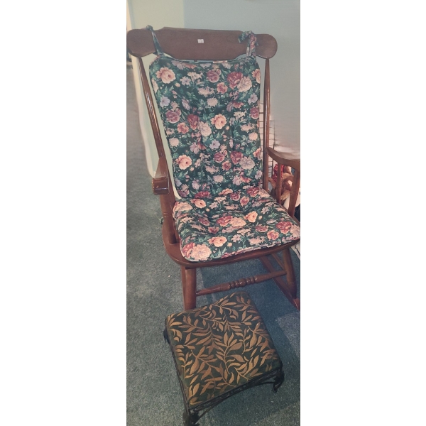 Wooden Rocking Chair 22 W, 28 D, 38 T and Metal Footstool w/ Leaf Upholstery 13.5 X 13.5, 10 T 