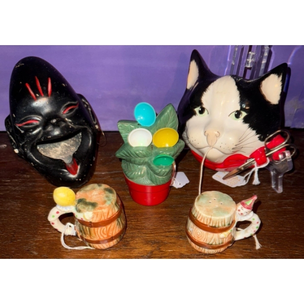 Ceramic Cat String Holder, SNP Shaker, Cigarette Holder & Vintage Kitchen Items