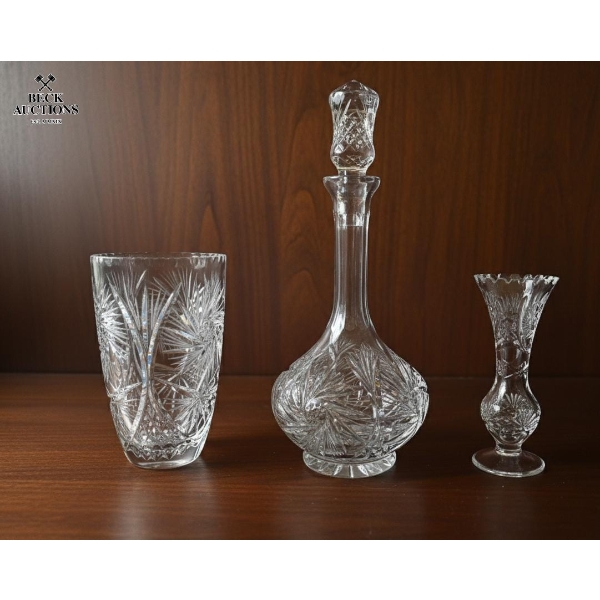 Vintage Cut Crystal Decanter  Set Featuring A Pinwheel Star Pattern, And a Various vases