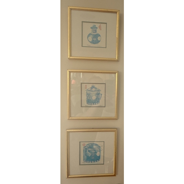 Malou Oi Yee Hung - 3 Framed Chinese Etchings Depicting Antique Porcelain Vessels 9x9