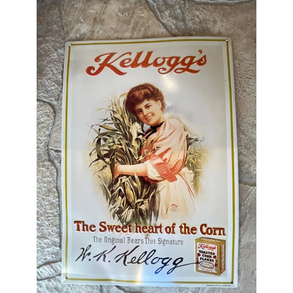 2 Kellogg tin Signs and A hamburger tin sign.