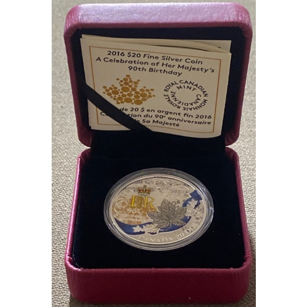2016 $20 Her Majesty's 90th Birthday Fine Silver Coin 31.39 Grams