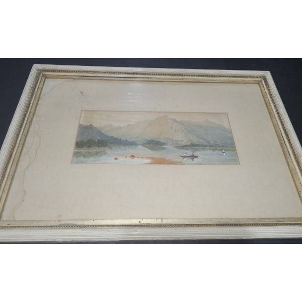Watercolor of Mountains and Lake, Signed (Illegible) 23 X 15 Framed Under Glass