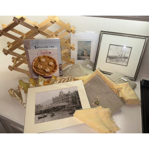 Kitchen Decor Collection - Wooden Vino Rack Framed Art Cook Books & Various Textiles