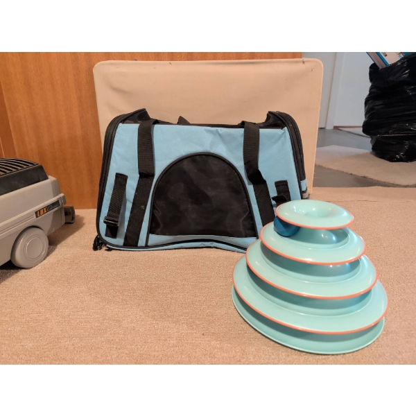 Light Blue Pet Carrier and Multi-Level Cat Toy with Ball