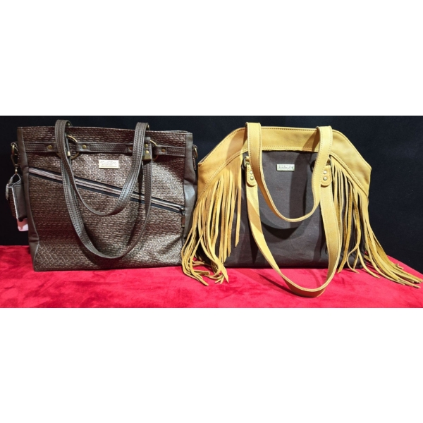 2 Large Purses, Tween Fabric with Leather Bag and Leather Purse with Tassels 