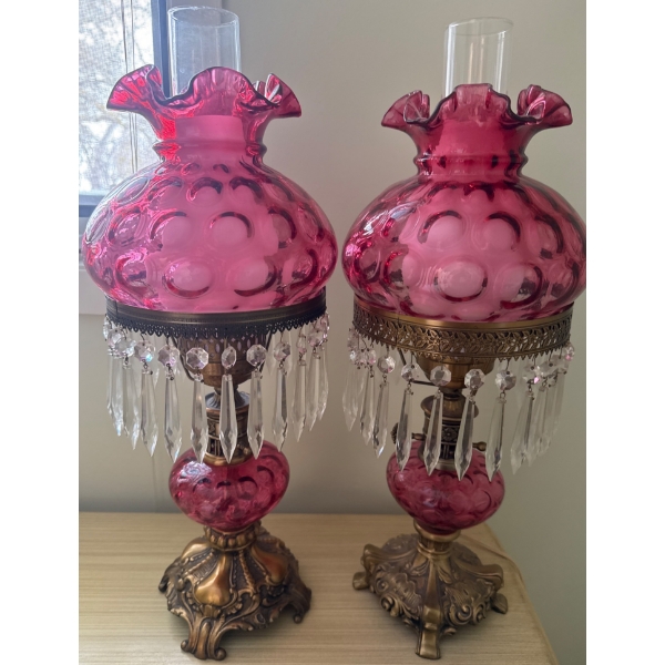 Cranberry Glass Table Lamps with Crystal Prisms and Ornate Metal Bases