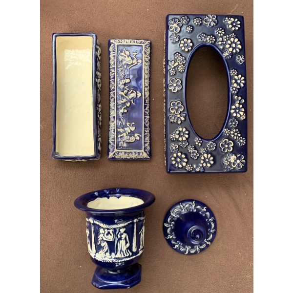 Blue Ceramic/Porcelain Jar/Urn, Candy Dish (Cracked on Bottom), and Towel Box Matching Set 