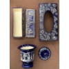 Image 1 : Blue Ceramic/Porcelain Jar/Urn, Candy Dish (Cracked on Bottom), and Towel Box Matching Set 