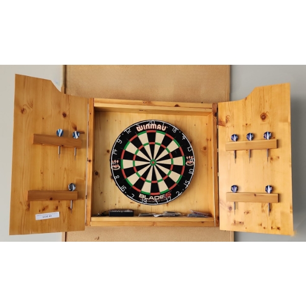 Winmau Dart Board and Custom Wooden Cabinet 27 w, 28 h, Includes Darts as Shown