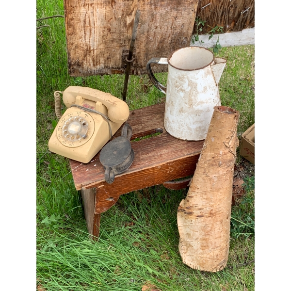 Rustic Decor Items Including Stool, Rotary Phone, Moose Call, Pitcher, and More