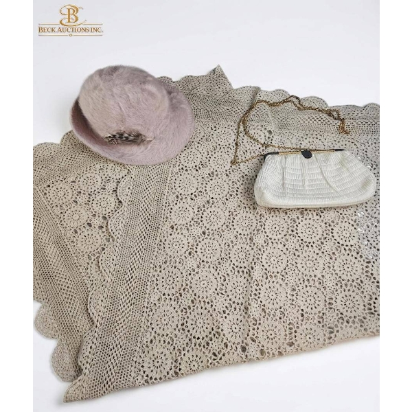 Vintage Beige Crocheted Blanket, Kangol Hat, and White Handbag Set