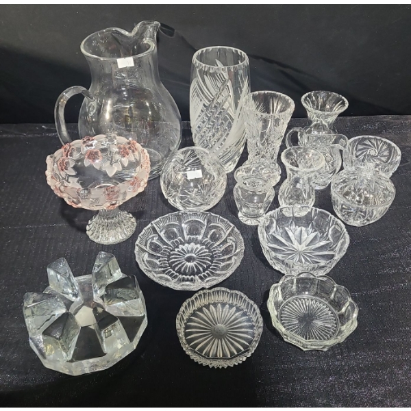 Glass Pitcher 9 T, Geometric Glass 5.5" Base, 2.5 T, Vases- Tallest: 8 T, Small Bowls and More!