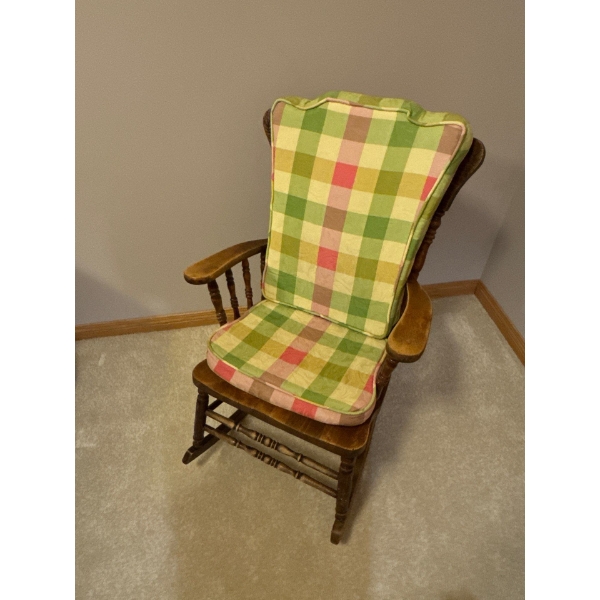 Vintage Carved Oak Rocking Chair with Cushions