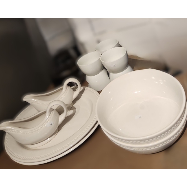 Two: Platters 16 X 13, Gravy Boats and Serving Bowls 10" Diameter Top and Three PC Fondue Warmers