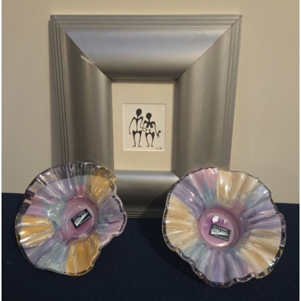 Framed Drawing of a Couple By: Karen Best, 249-7293 (9x11) & Linea Mary Italian Colorful Bowls (2) 