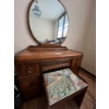 Image 1 : antique wood make up vanity with mirror and Cross-stitch Peacock on stool. 42 “ wide 30” height 18” 