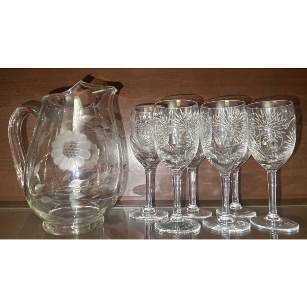 Vintage Pressed Glass Beverage Pitcher w/ Starburst Etched Stemware