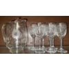 Image 1 : Vintage Pressed Glass Beverage Pitcher w/ Starburst Etched Stemware