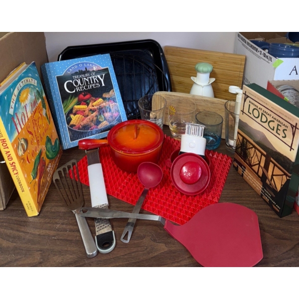 Assorted Kitchen Supplies-Cookbooks, Pot w/Lid, Kitchen Utensils & More