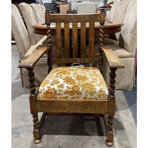 Wooden Armchair with Floral Yellow Fabric Seat 25.5Wx23Dx36H seat 14.5H