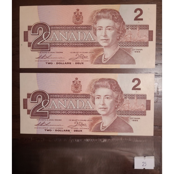 Bank of Canada 1986- $2 Bills BUN5198474 and BUW1908093