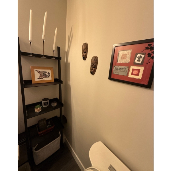 Bathroom Display Shelf w/Candles, Native Art Print, Wall Masks & Room Spray