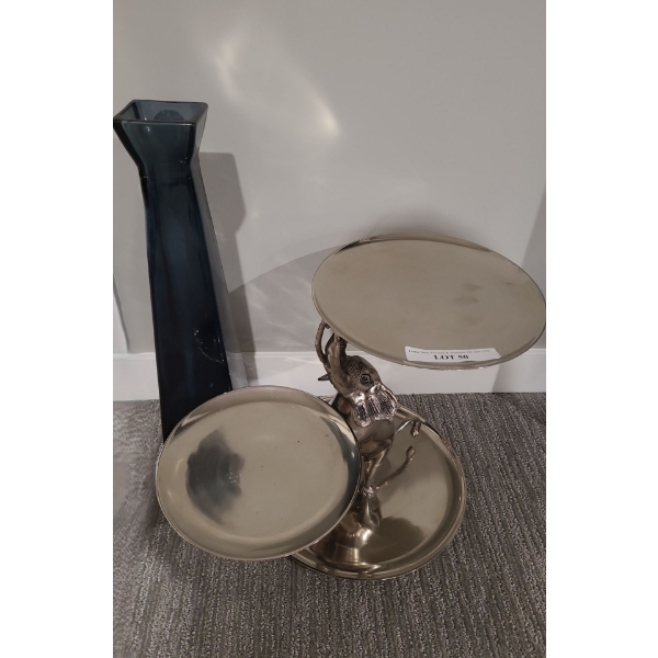 Elephant Metal Stand 13.5 w, 13.5 h and Recycled Glass Vase 21 h