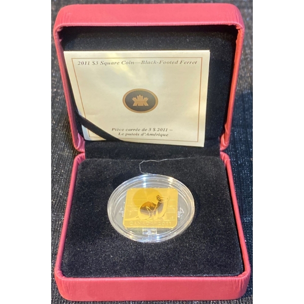 2011 $3 Black-Footed Ferret Gold Plated Square Coin 92.5% Silver 11.71 Grams