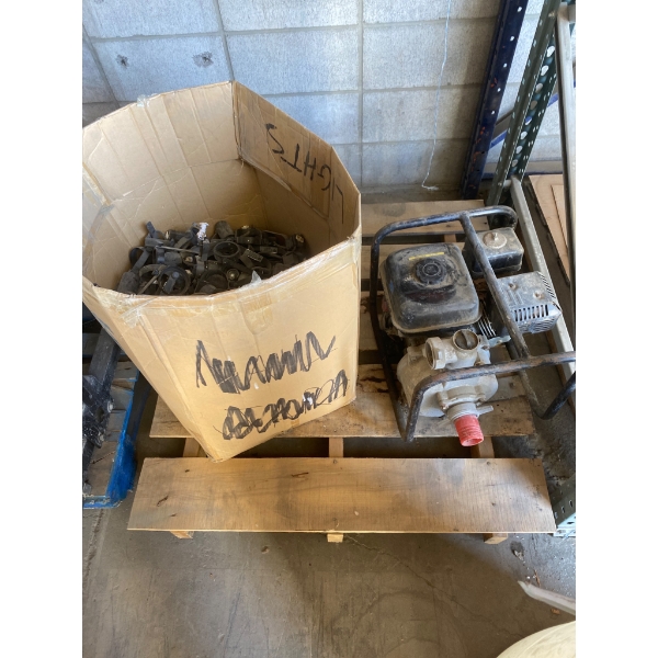 Utility Water Pump and Box of Assorted Fittings on Wooden Pallet