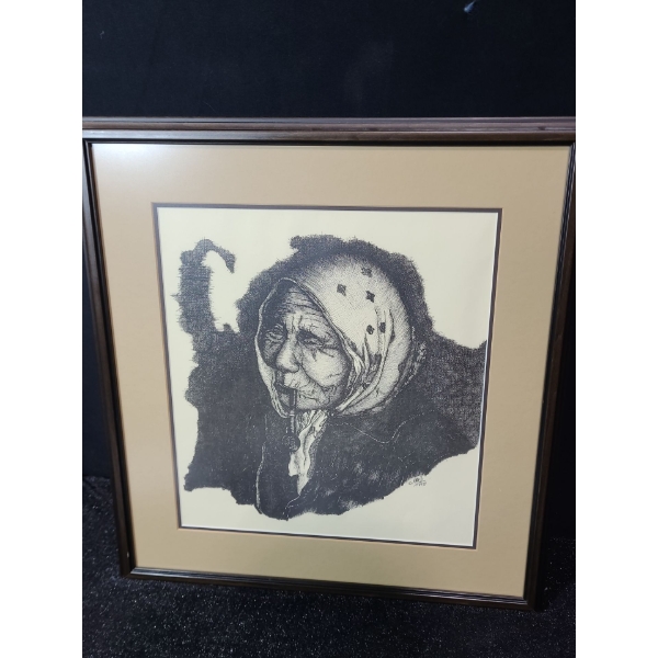 Untitled: Woman w/ Pipe, Artist: Patricia (Gail) Cyr, Pen and Ink Framed Under Glass 19.5 X 20.5