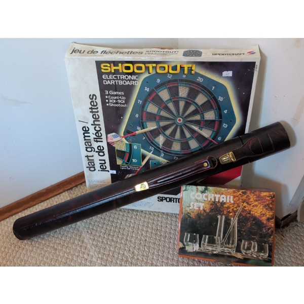 Shootout Electronic Dart Board w/ Travel Pool Cue In Hard Shell Case & Glass Cocktail Set