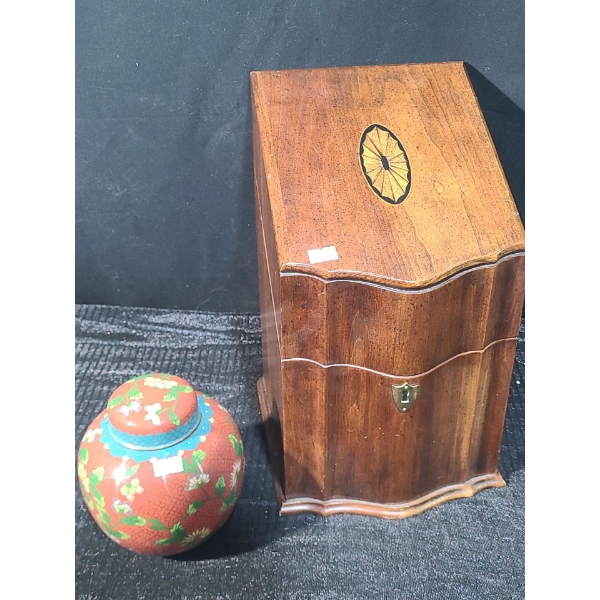 Metal Jar w/ Enamel Finish 2.5" Opening, 6 T, Knife Box w/ Veneer Inlay Design 8 W, 8.5 D, 14 T 