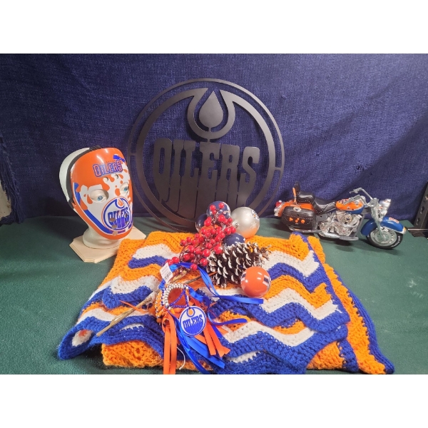 Handmade Oilers Blanket, Steel Sign, Oilers Mask, Toy Bike that Makes Noise