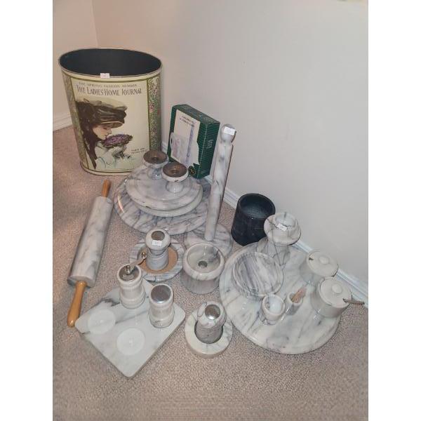 Assorted Marble Items: Lazy Susan 12" Diameter, Rolling Pin, Paper Towel Holder and More!