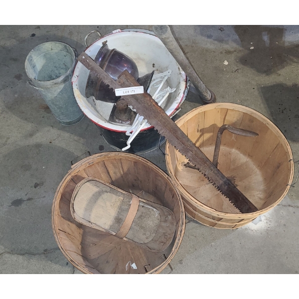 Vintage: Pick Axe, Buck Saw Blades 36 w, Metal Glavanized Buckets, Apple Baskets & more