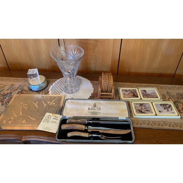 Shefeild Carving Knives Crystal Vase Preserved Butterflies Incased In Glass & More