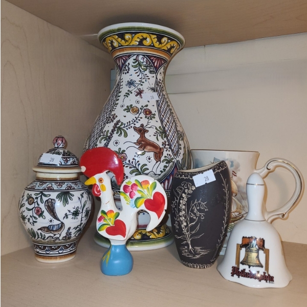 Portuguese Hand Painted Vase 11 T, Jar, Lucky Rooster and Other Collectibles
