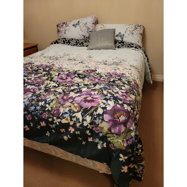 Queen Bed Bundle - Frame Mattress Box Spring & Floral Print Reversable Linens