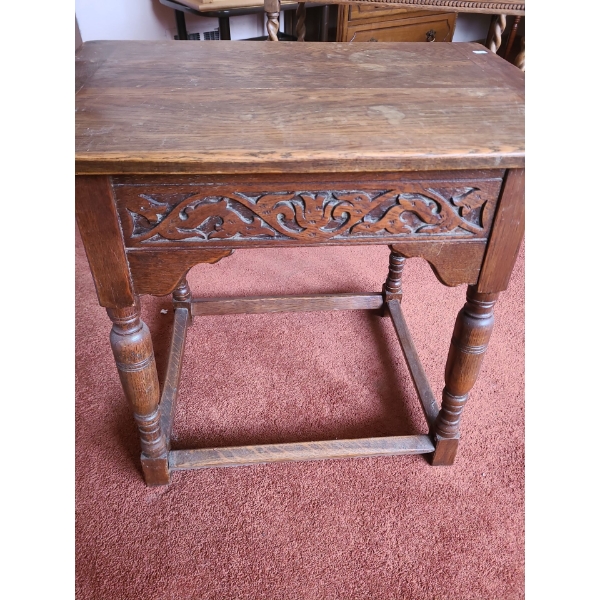 Hardwood with Scrollwork  27L, 25 T, 18 W and 2 Shelf Wooden Table with Turned Legs 28 T  23 L, 15 W