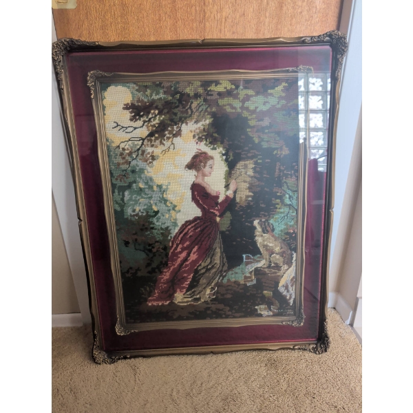 Framed Needlework Art Depicting Woman and Dog, Approx. 32â€³ x 25â€³