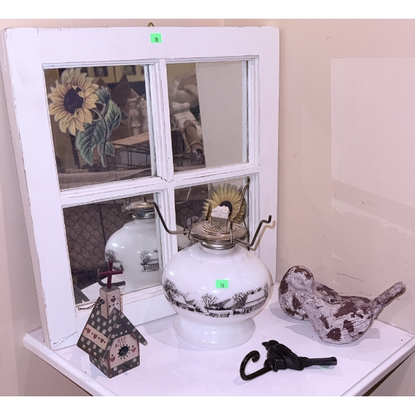 Decorative Home Lot: Metal Bird Figures, Birdhouse, Oil Lamp, Painted Window